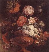 Still life of chrysanthemums,lilies,tulips,roses and other flowers in an ormolu vase unknow artist